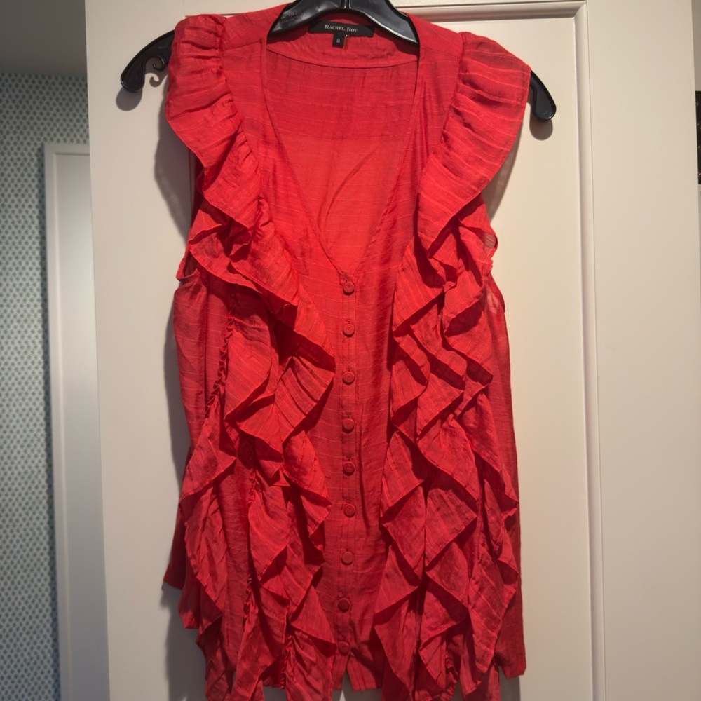 Rachel Roy Vibrant Orange-Red Ruffled Sleeveless Blouse